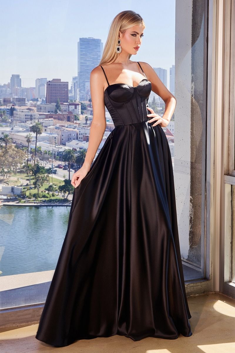 CLEO black satin bustier corset formal dress with slender straps, A-line silhouette, perfect for school formals. Brisbane to Gold Coast.