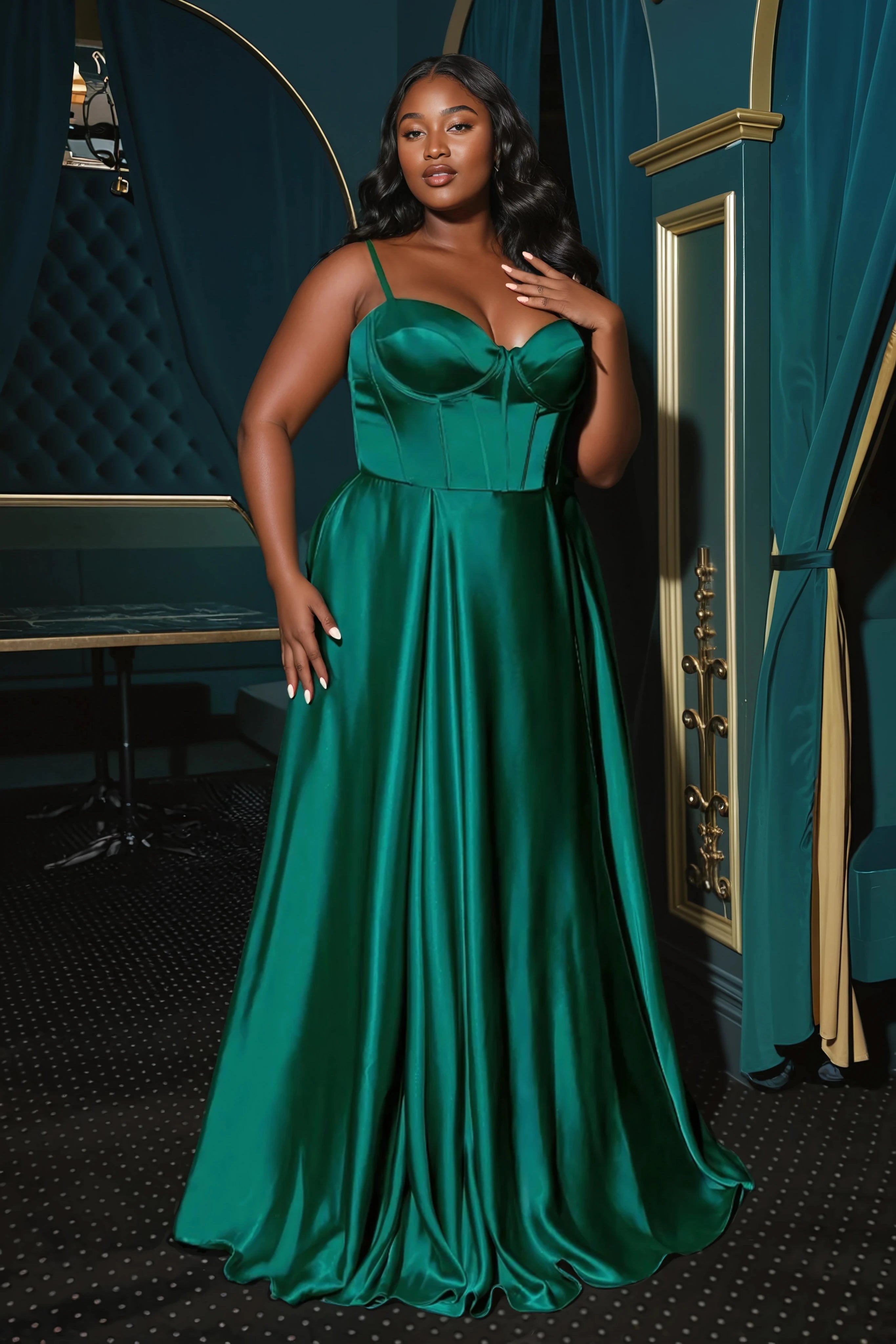 CLEO Curve Satin Bustier Corset Silky A Line School Formal Dress in Color: Emerald | One Honey Australia