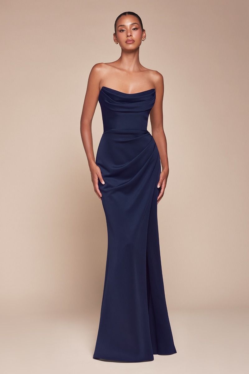 DENISE strapless chiffon bustier prom dress with cascading layers, perfect for weddings, Brisbane to Gold Coast.