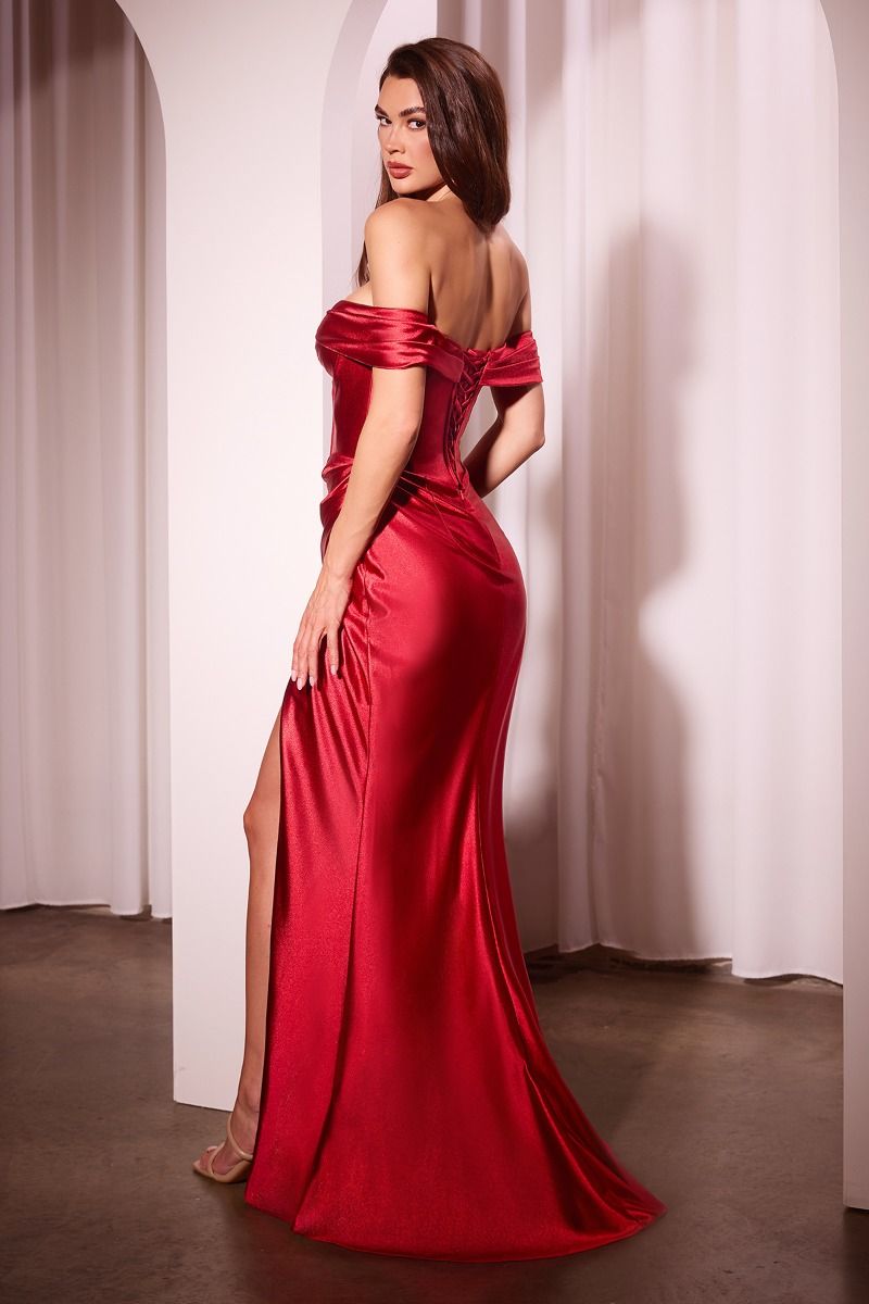 KENNEDY off-shoulder red satin prom dress with a leg slit, Brisbane to Gold Coast, Australia