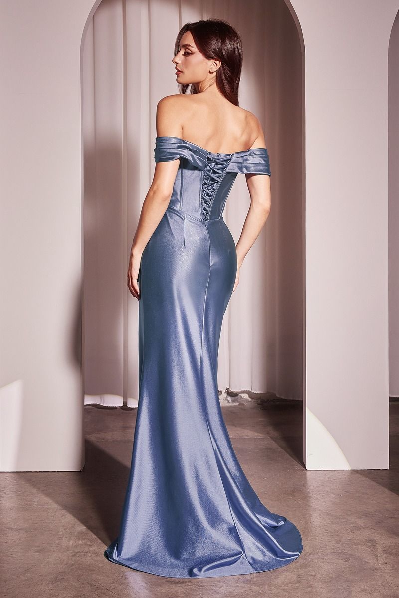 KENNEDY off-the-shoulder satin prom dress with corset back, perfect for formal events from Brisbane to Gold Coast, Australia.