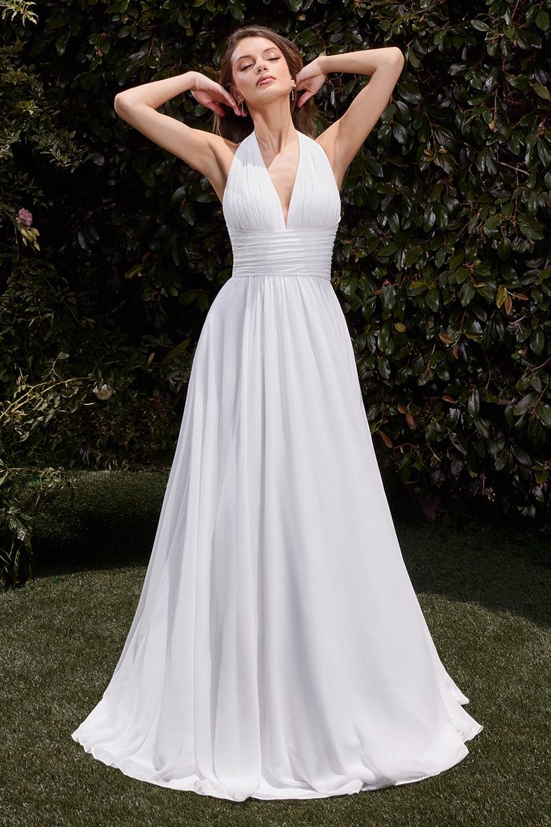 KUSAI Halter Neck Satin A-Line bridal gown with V-neckline and gathered waist, Brisbane to Gold Coast, Australia.