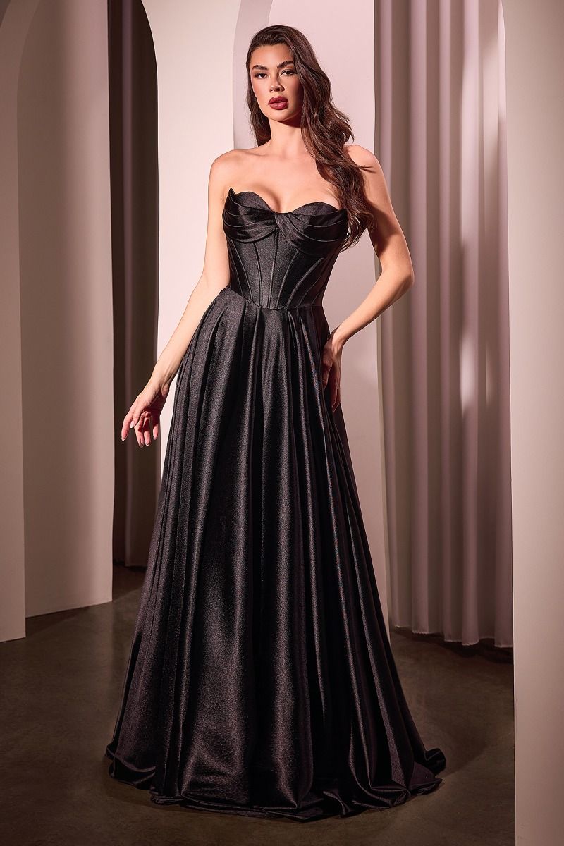 DANKA black satin strapless bustier prom gown with sweetheart neckline and full skirt. Elegant evening dress Brisbane to Gold Coast.