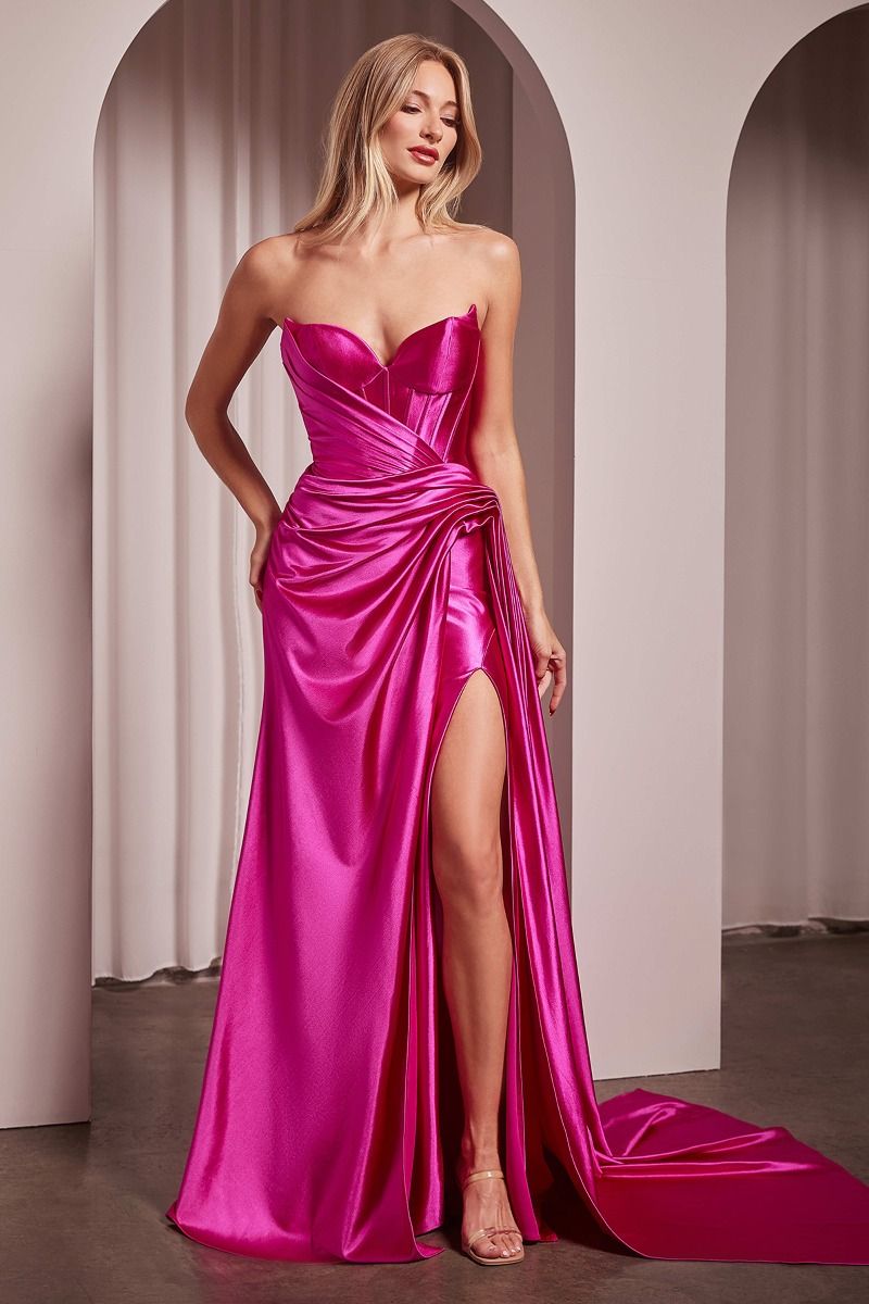 GLENNA Corset Bustier in bright pink satin, featuring a sweetheart neckline and high slit, perfect for prom. Brisbane to Gold Coast.