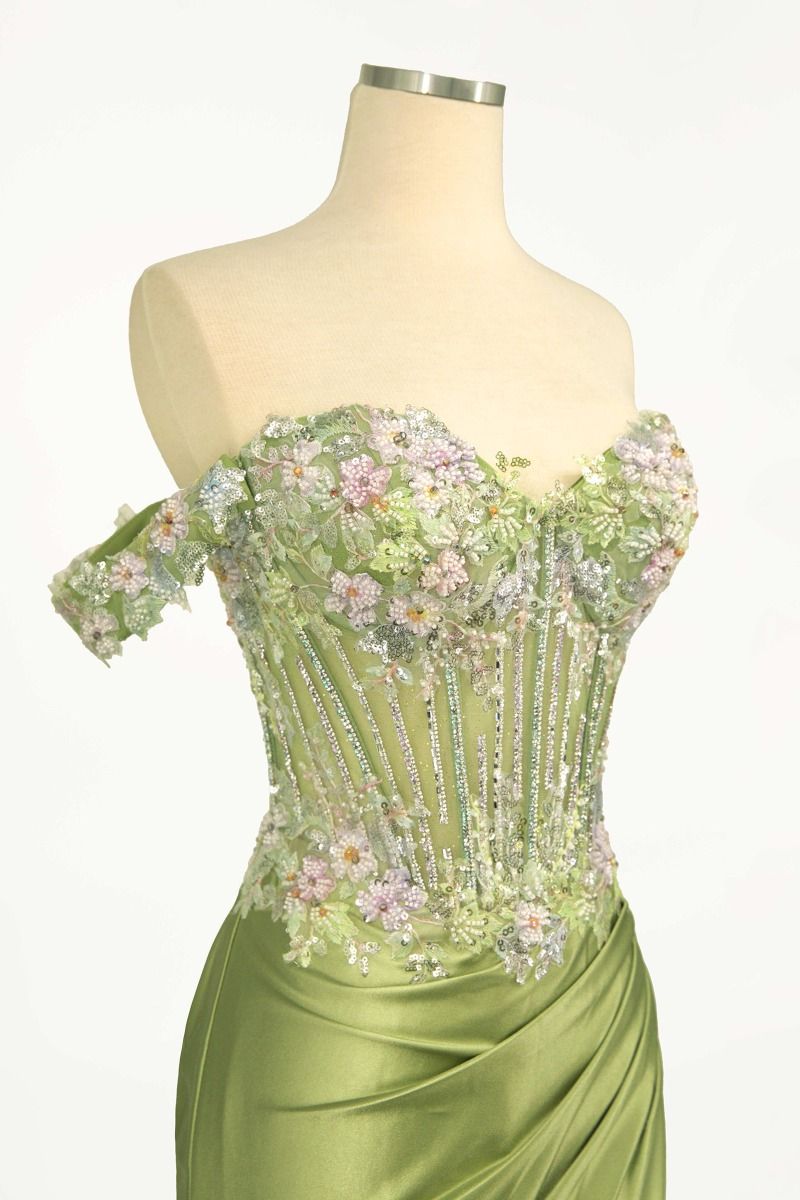 SYBILLE Lace beaded bodice evening gown with off-shoulder design and satin skirt. Elegant prom dress from Brisbane to Gold Coast.