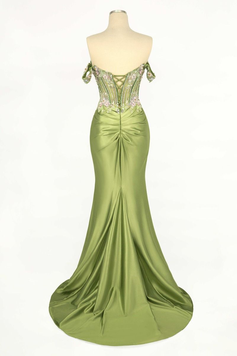 SYBILLE Couture green off-shoulder dress with beaded bodice and satin skirt, prom gown. Brisbane to Gold Coast, Australia.