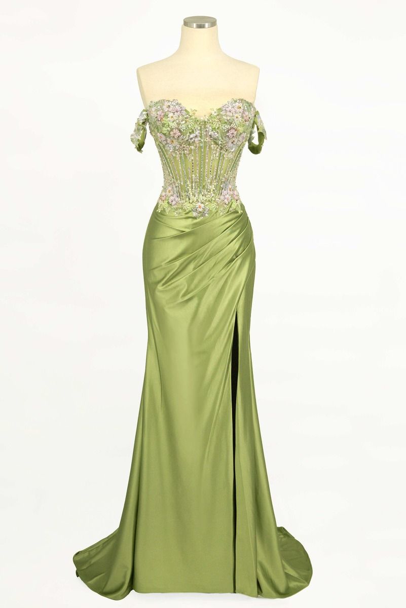 SYBILLE Couture off-shoulder prom gown with lace beaded bodice and satin slit, Brisbane to Gold Coast, Australia.