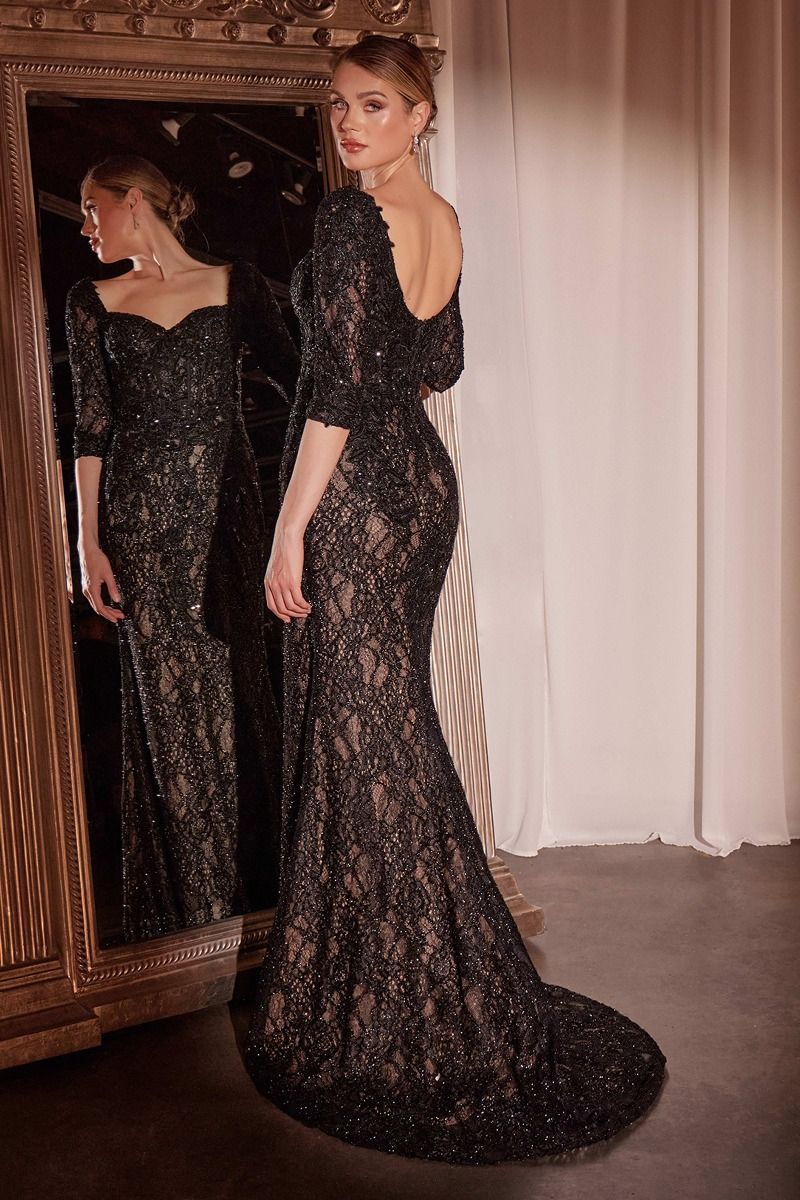 WHITLY Long Sleeve Prom & Formal Evening Dress with lace bodice and Queen Anne neckline. Evening gown for Brisbane to Gold Coast.