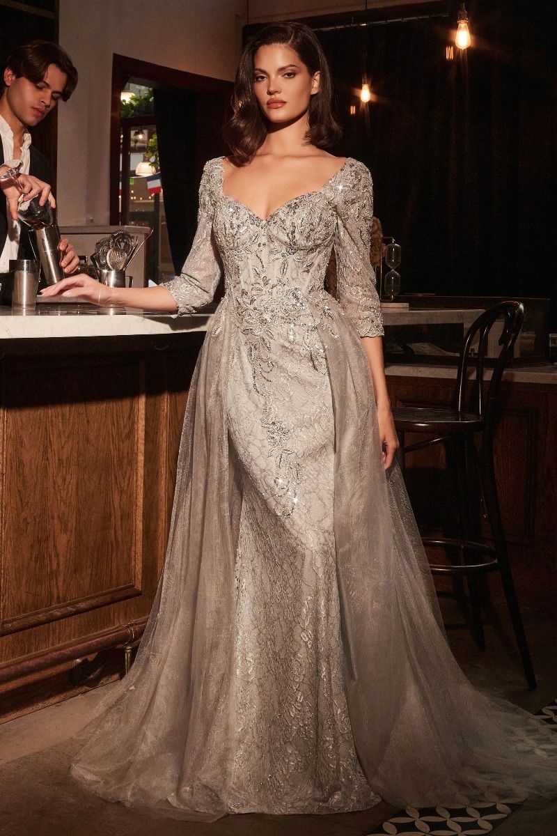 WHITLY evening gown with Queen Anne neckline and lace details, featuring a removable tulle overskirt. Perfect for formal events. Brisbane to Gold Coast.