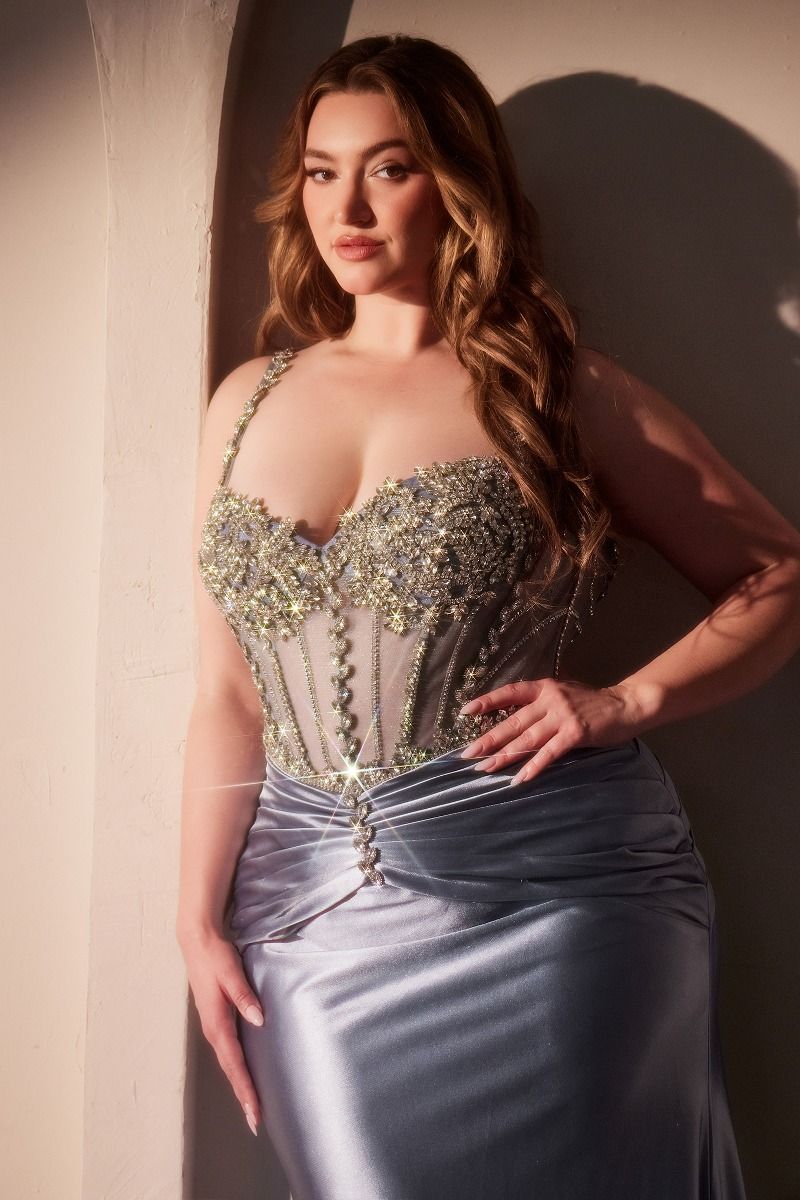 Plus size beaded satin prom dress with sweetheart neckline and thin straps on model, GISELA Curve collection.