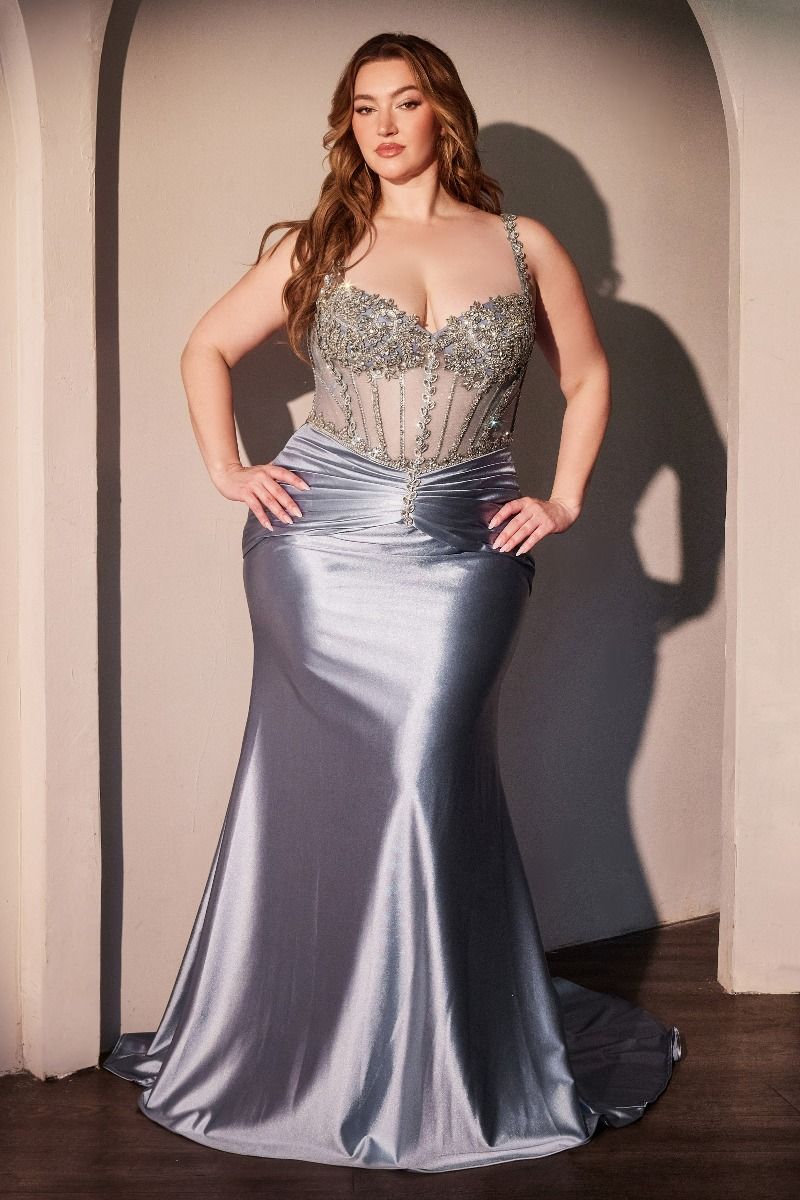 Plus size model in GISELA Curve embellished beaded satin fitted prom dress with sweetheart neckline and thin straps.