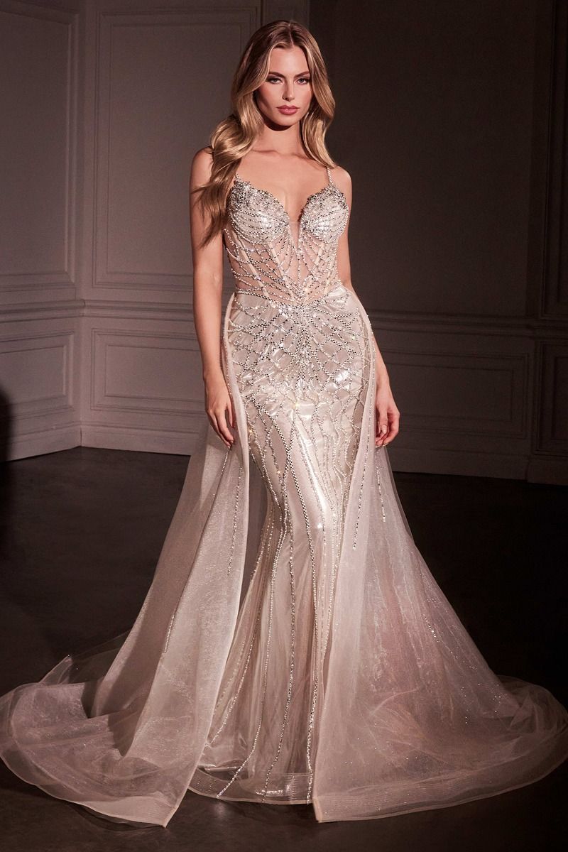 JUELZ Couture Beaded Diamante Overskirt formal prom gown with linear beaded motif and sheer bodice. Brisbane to Gold Coast, Australia.