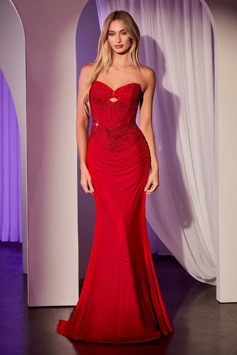 LAVERA Crystal Corset fitted mermaid prom dress with rhinestone-adorned bodice, keyhole neckline. Brisbane to Gold Coast, Australia.