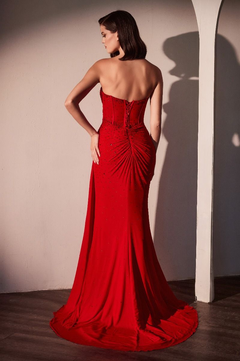 NAVERA Strapless Rhinestone Fitted Sash Prom Evening Dress featuring ruched back detail, perfect for red-carpet moments. Brisbane to Gold Coast.