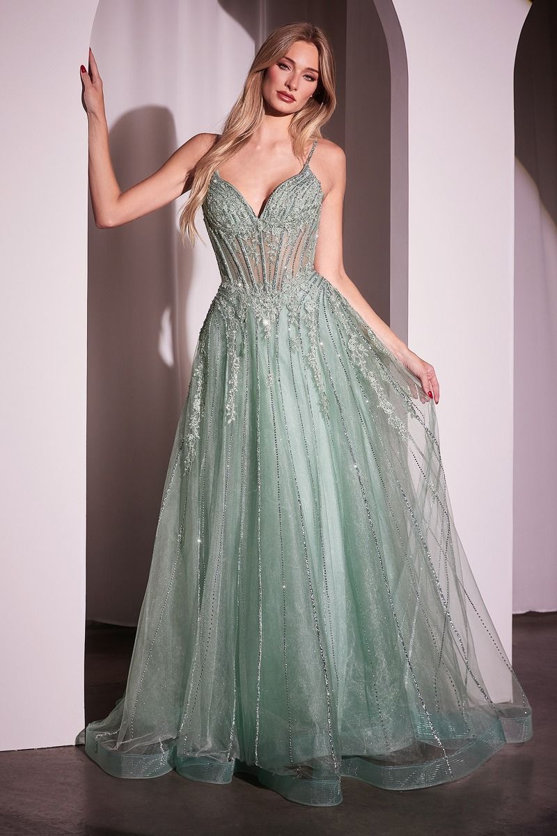 JAŠA Embellished Crystal Tulle A-Line prom gown with V-neck and thin straps, perfect for formal events, from Brisbane to Gold Coast.