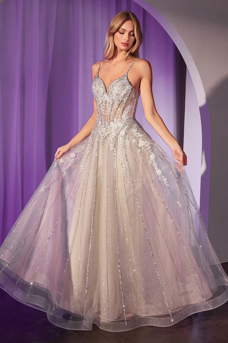JAŠA Embellished Crystal A-line prom gown with V-neckline and tulle skirt, perfect for formal occasions. Brisbane to Gold Coast.