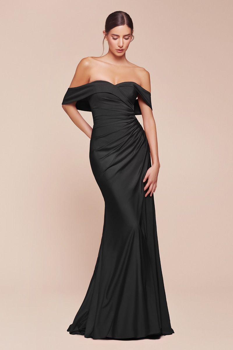 KAILA off-shoulder black semi-formal dress with pleated waistline and sweetheart neckline. Elegant bridesmaid gown Brisbane to Gold Coast.
