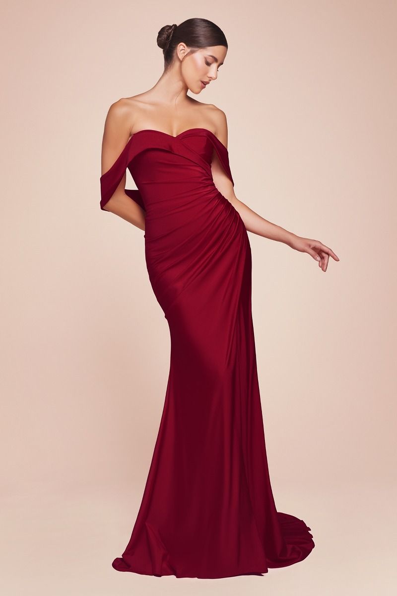 TERRI Off Shoulder Stretch Satin Dress with sweetheart neckline and pleated waistline, perfect prom gown, Brisbane to Gold Coast Australia.