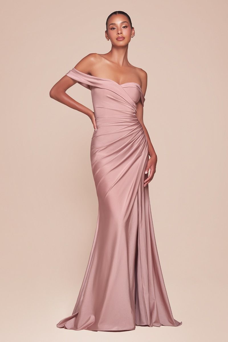 TERRI elegant stretch satin gown with off-shoulder neckline and pleated waist, perfect for prom or formal events. Brisbane to Gold Coast