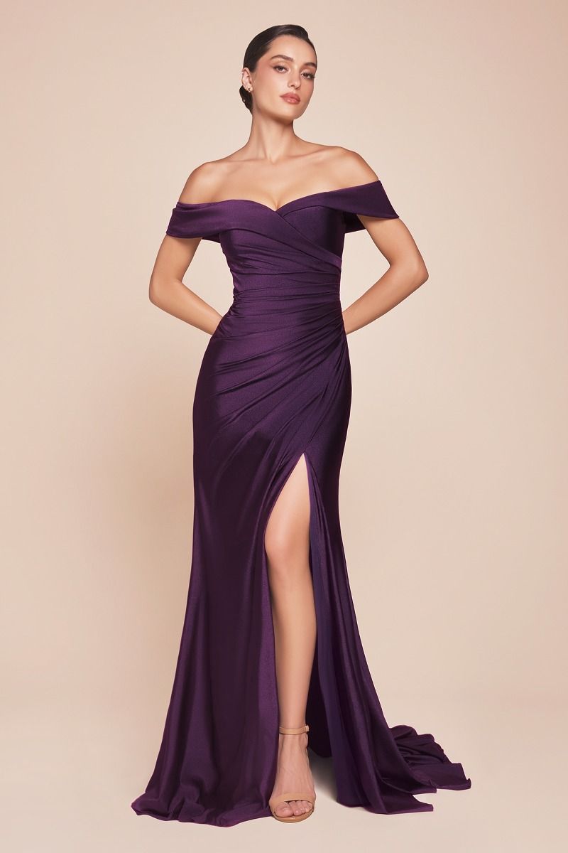 TERRI off shoulder stretch satin dress in purple with pleated waistline and chic leg slit, formal gown style. Brisbane to Gold Coast.