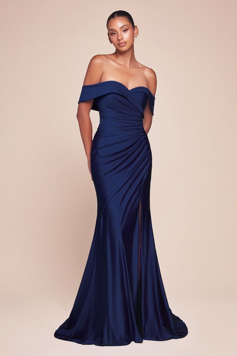 TERRI Off Shoulder Stretch Satin Dress with sweetheart neckline and leg slit, perfect for formal events; Brisbane to Gold Coast.
