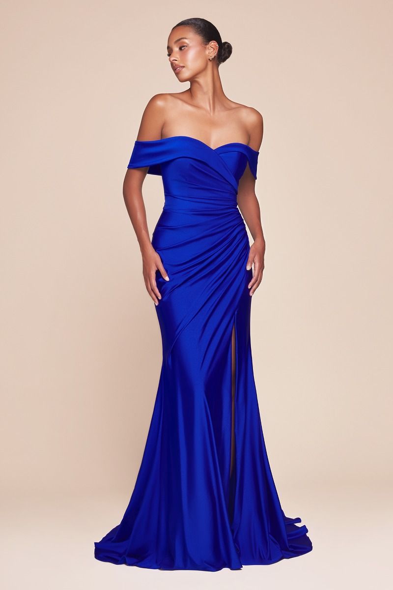 Alt Tag: KAILA off-shoulder silky bridesmaid dress with sweetheart neckline and pleated waist, semi-formal gown Brisbane to Gold Coast Australia.
