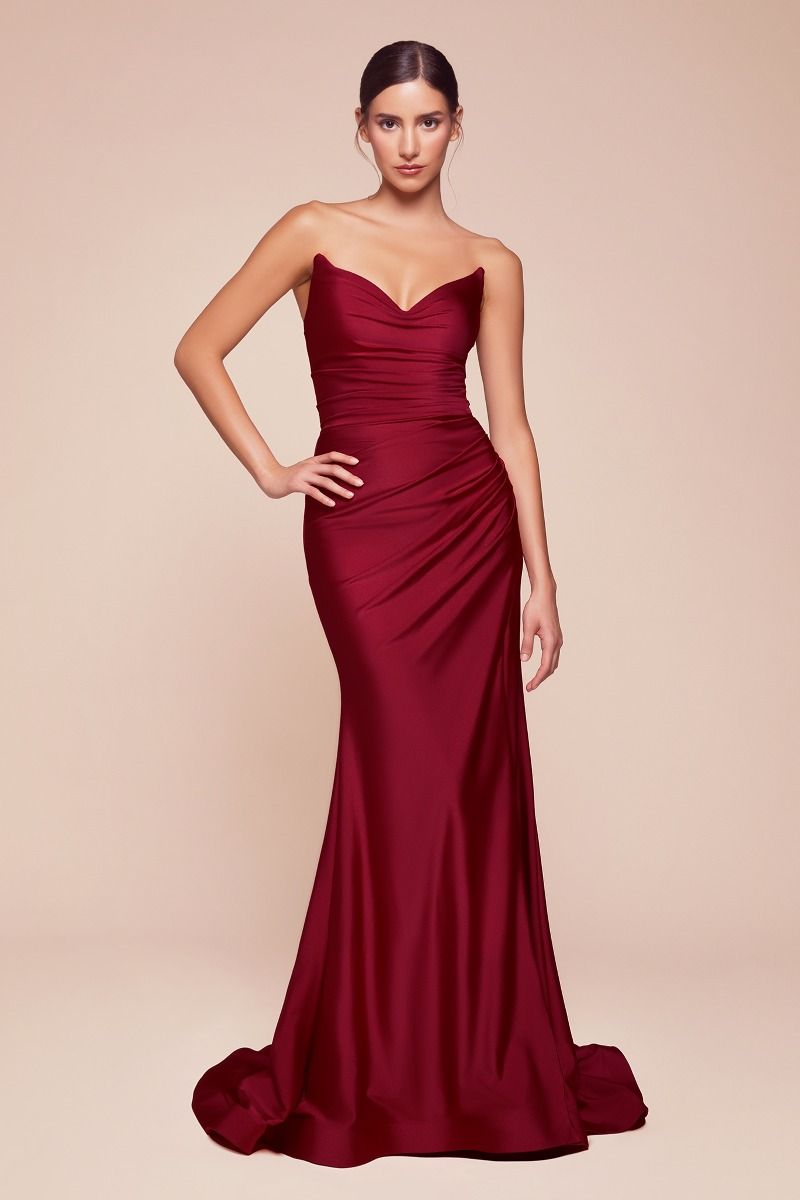 IVA Strapless Stretch Satin Dress with V-neckline and leg slit; elegant prom gown. Brisbane to Gold Coast.