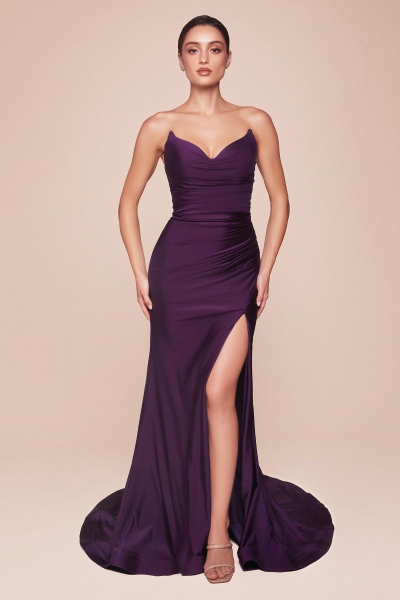 IVA Strapless Stretch Satin dress with V-neckline, gathered waist, and leg slit. Ideal prom or formal gown. Brisbane to Gold Coast.