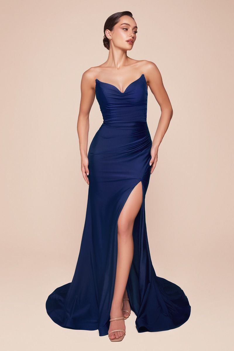 IVA Strapless Stretch Satin Dress with V-neckline and leg slit, prom gown Brisbane to Gold Coast. Elegant and modern charm.