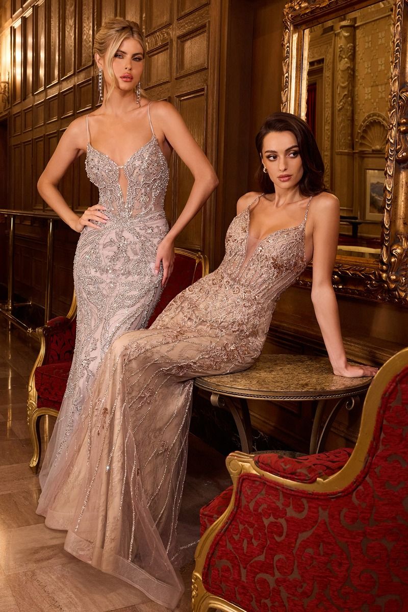 GRACELYN Pearl Embellished Fitted Mermaid Prom Dress with plunging neckline; elegant formal wear in Brisbane to Gold Coast.