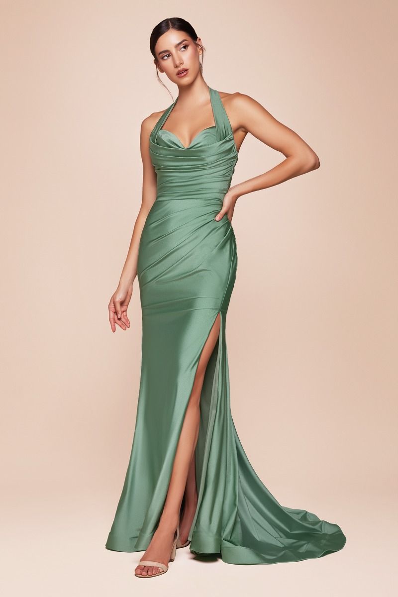 ZORA Halterneck Stretch Satin Mermaid Dress, green satin with sweetheart neckline and leg slit, prom gown, Brisbane to Gold Coast, Australia.