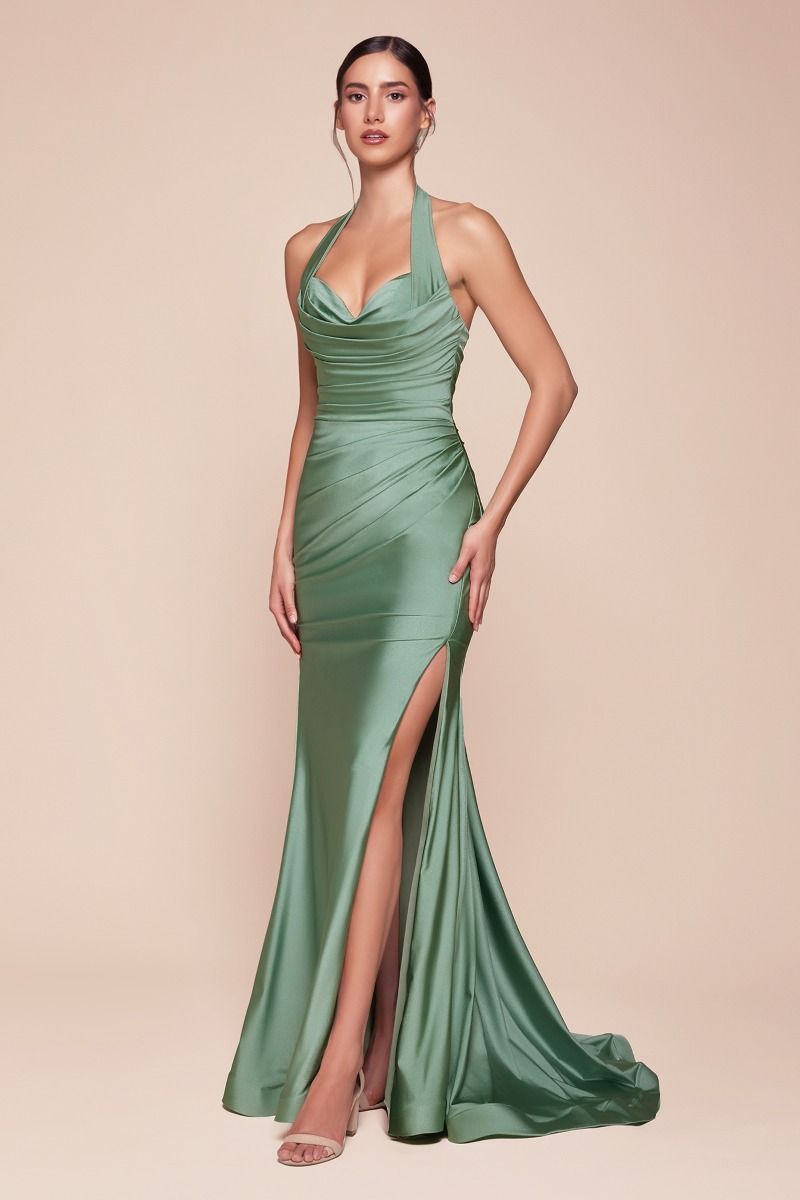 ZORA Halterneck Stretch Satin Mermaid Prom Dress with sweetheart neckline and leg slit, elegant evening gown from Brisbane to Gold Coast.