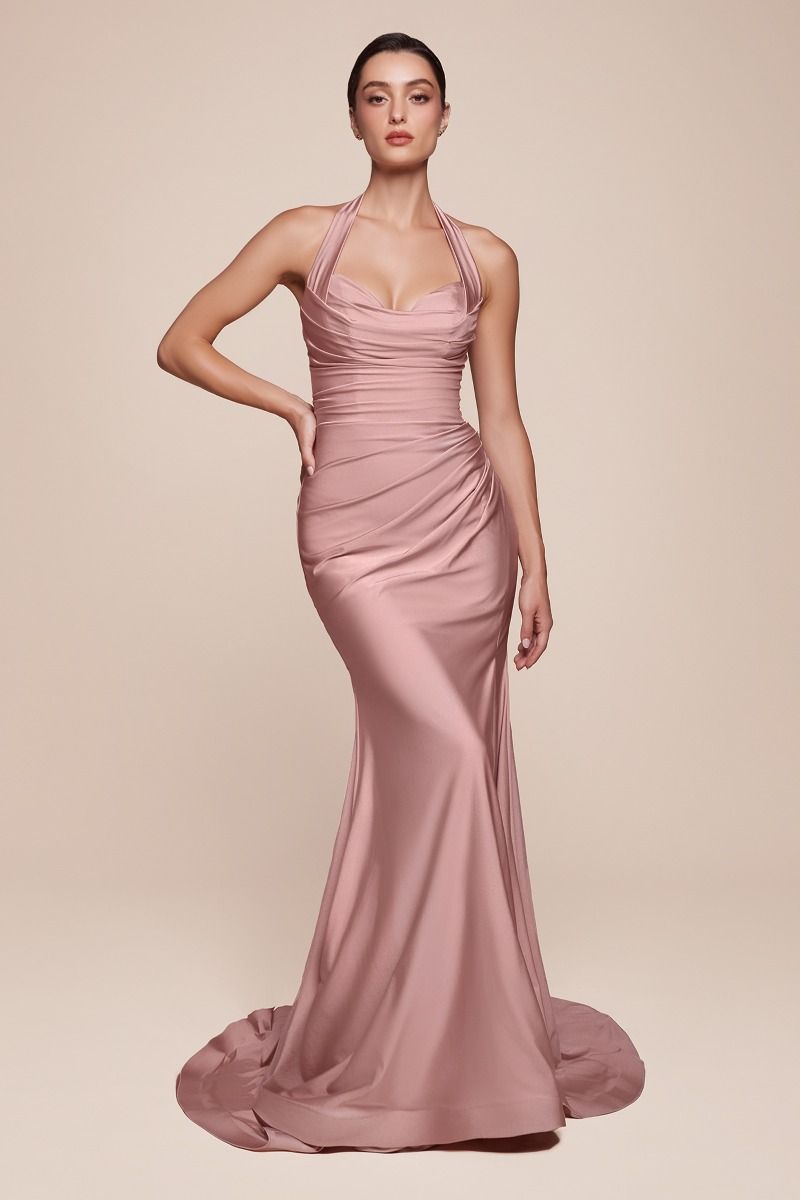 ZORA Halter Stretch Satin Mermaid Prom Dress with elegant sweetheart neckline and gathered waistline, Brisbane to Gold Coast, Australia