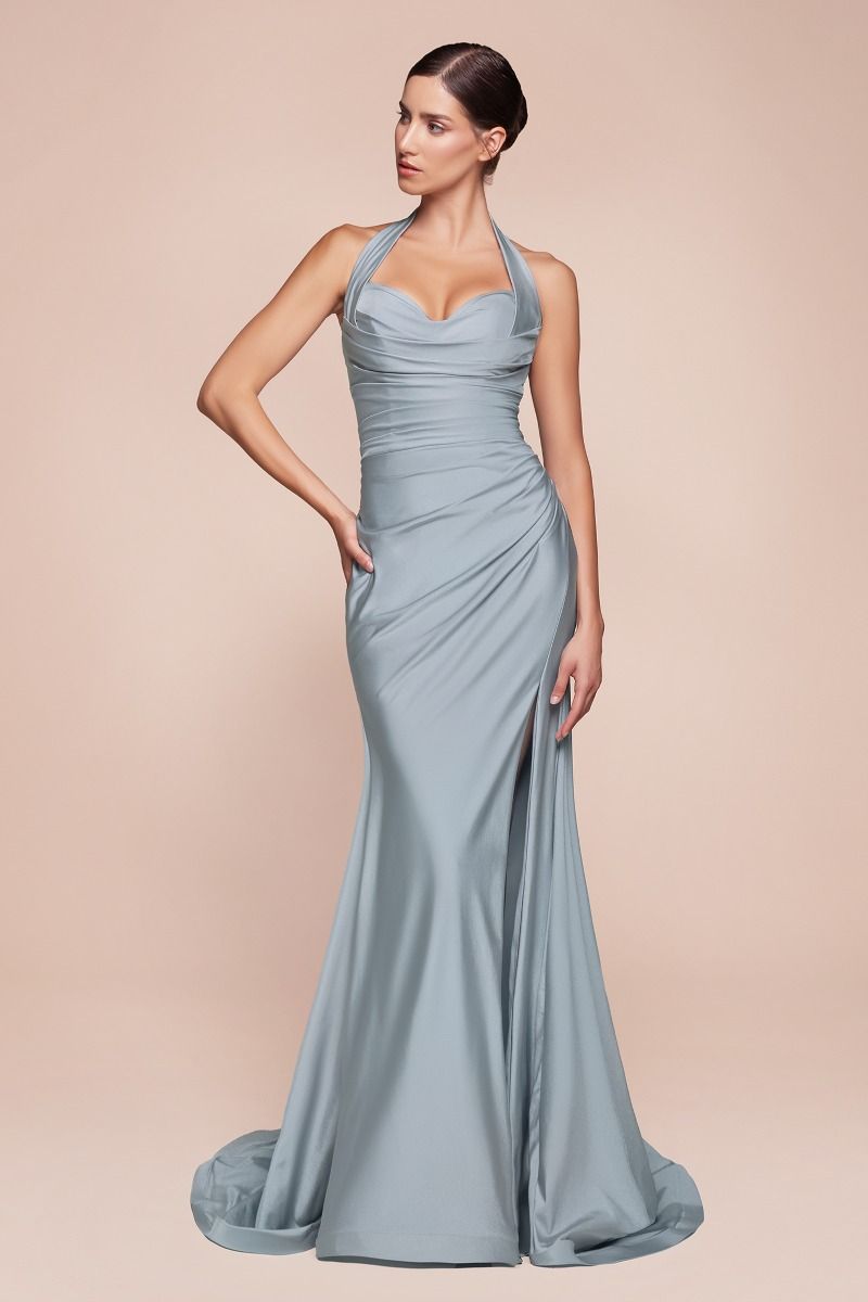 ZORA stretch satin mermaid dress with halter neckline and leg slit, prom and formal gown, Brisbane to Gold Coast.