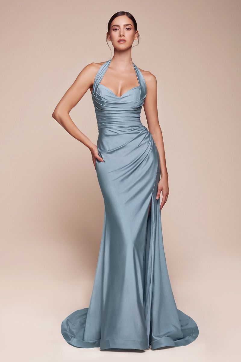 ZORA Halterneck Stretch Satin Prom Dress with sweetheart neckline and gathered waist, perfect for formal events, Brisbane to Gold Coast.