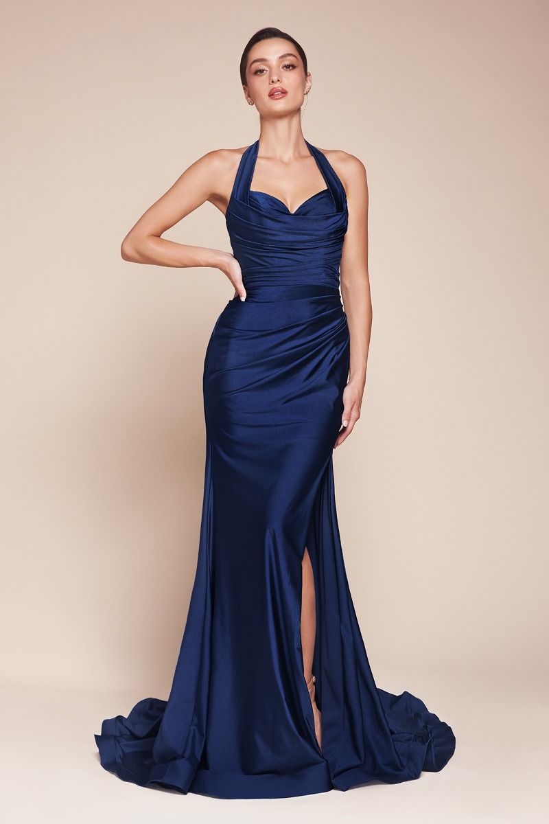 ZORA Stretch Satin Halterneck dress with sweetheart neckline and leg slit, perfect for prom or formal events. Brisbane to Gold Coast.