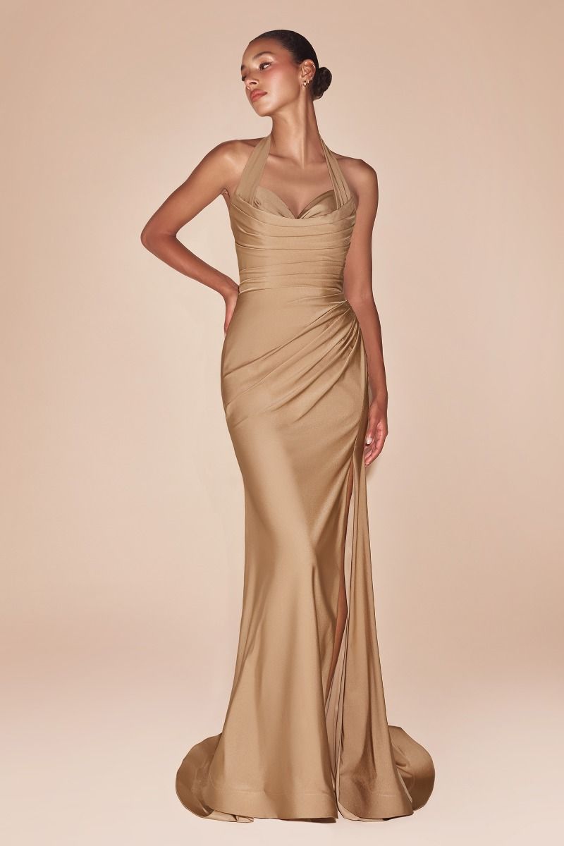 ZORA Stretch Satin halterneck gown with sweetheart neckline and slit, prom dress. Elegant fit for events from Brisbane to Gold Coast.