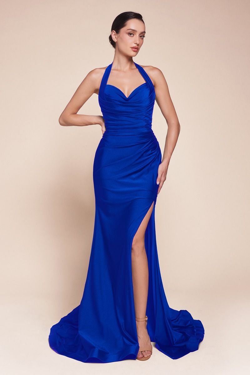 ZORA Halterneck royal blue satin prom dress with gathered waist and leg slit, perfect for formal occasions. Brisbane to Gold Coast, Australia.