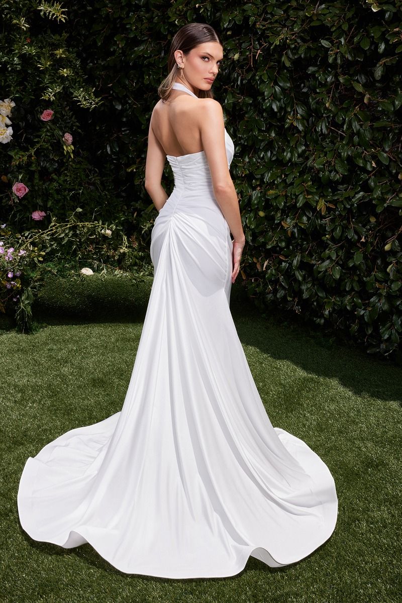 fitted lace wedding dress ZORA Bridal Off White Stretch Satin Halter Wedding Dress