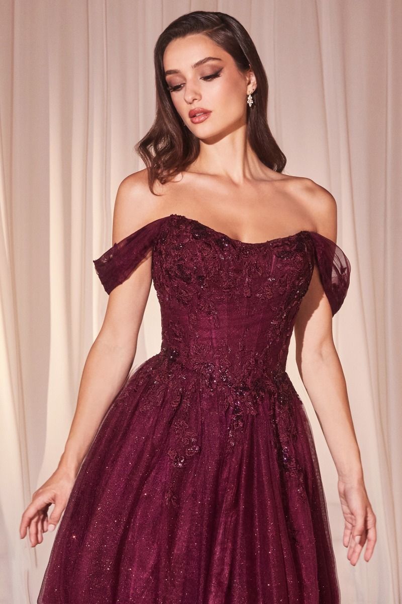 DAVIE Off Shoulder Lace Applique Glitter Ball Gown Dress in Australia | One Honey Boutique