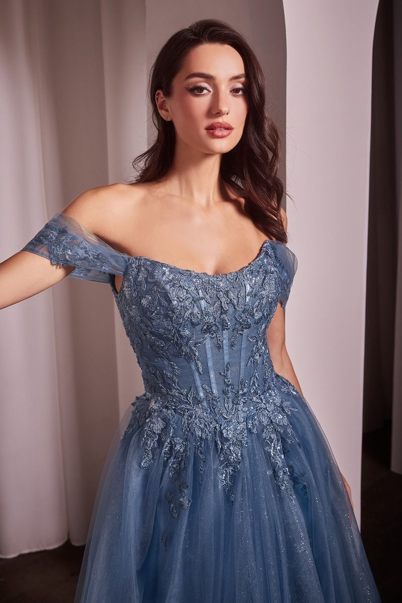DAVIE Off Shoulder Lace Applique Glitter Ball Gown Dress in Australia | One Honey Boutique