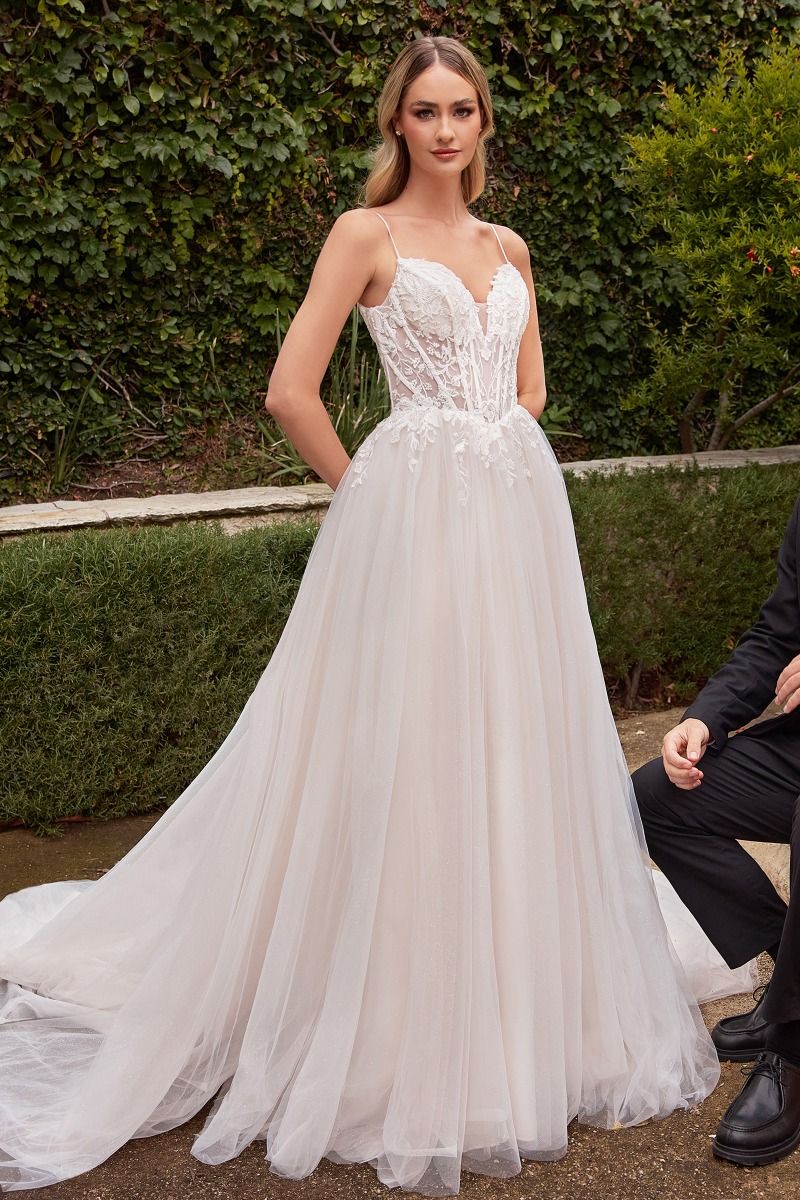 Bride wearing Divinity Bridal ROSALIND A Line Tulle Wedding Dress, showcasing lace bodice, ideal for elegant, affordable bridal wear.