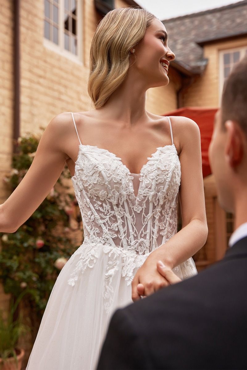 Divinity Bridal ROSALIND A Line Tulle Wedding Dress with lace bodice, affordable bridal gown Australia, elegant thin straps