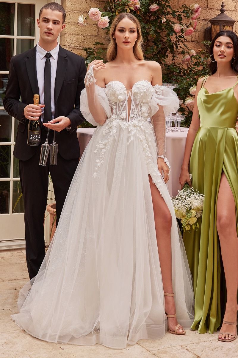ADRIANNA Floral Applique A Line Tulle Corset Wedding Dress - affordable bridal gown by Divinity Bridal. Classic strapless design.