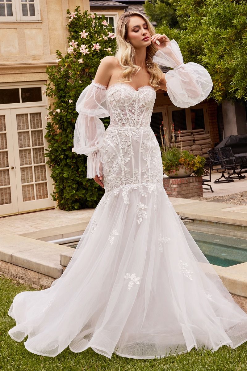 Divinity Bridal CELESTIA GRACE tulle mermaid wedding dress with corset bustier, affordable bridal gown, serene outdoor setting