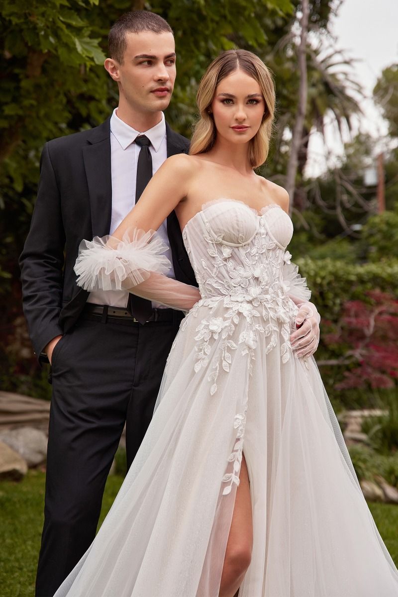 Divinity Bridal LUMIA strapless sweetheart wedding dress, affordable bridal gown with tulle gloves, bridal gown Australia.