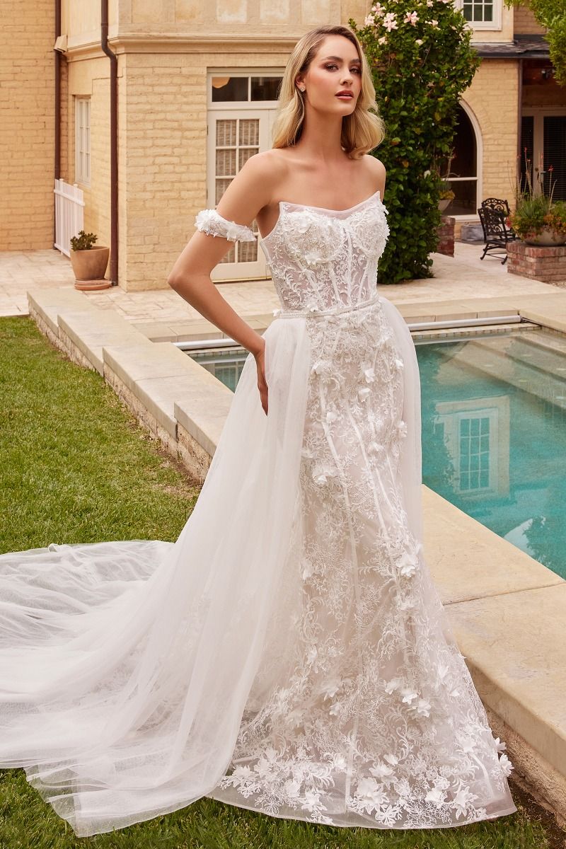 Divinity Bridal AMELIA floral applique mermaid wedding dress, affordable bridal, fitted bodice, elegant lace, strapless style.