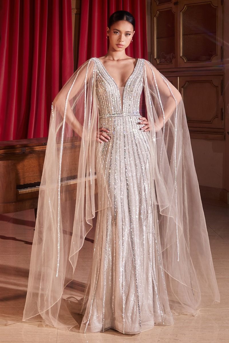 ZYANN Embellished Long Sleeve Cape Prom Dress with rhinestone beaded pattern and sheer cape, Brisbane to Gold Coast.