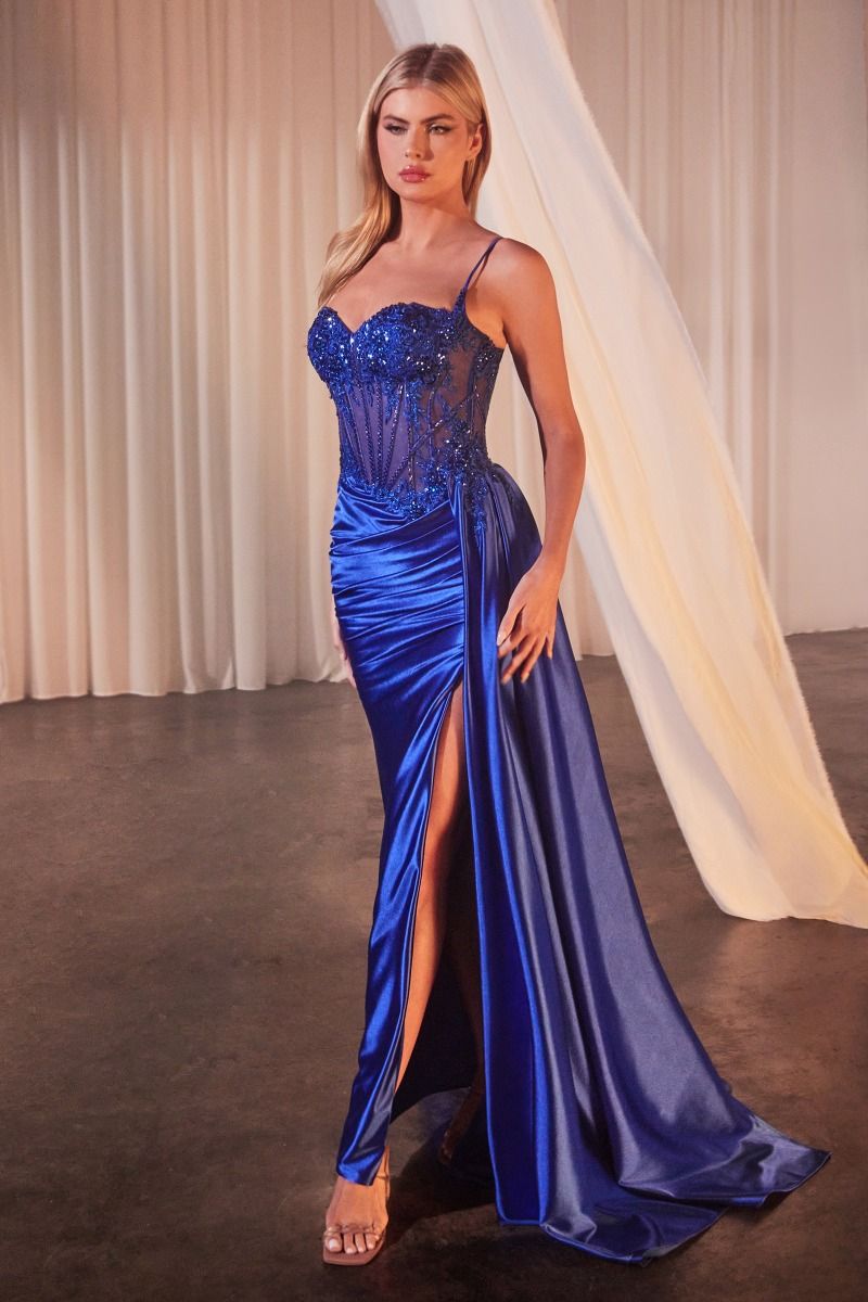 STERLING Royal Blue Embellished Corset Satin Mermaid Formal Dress