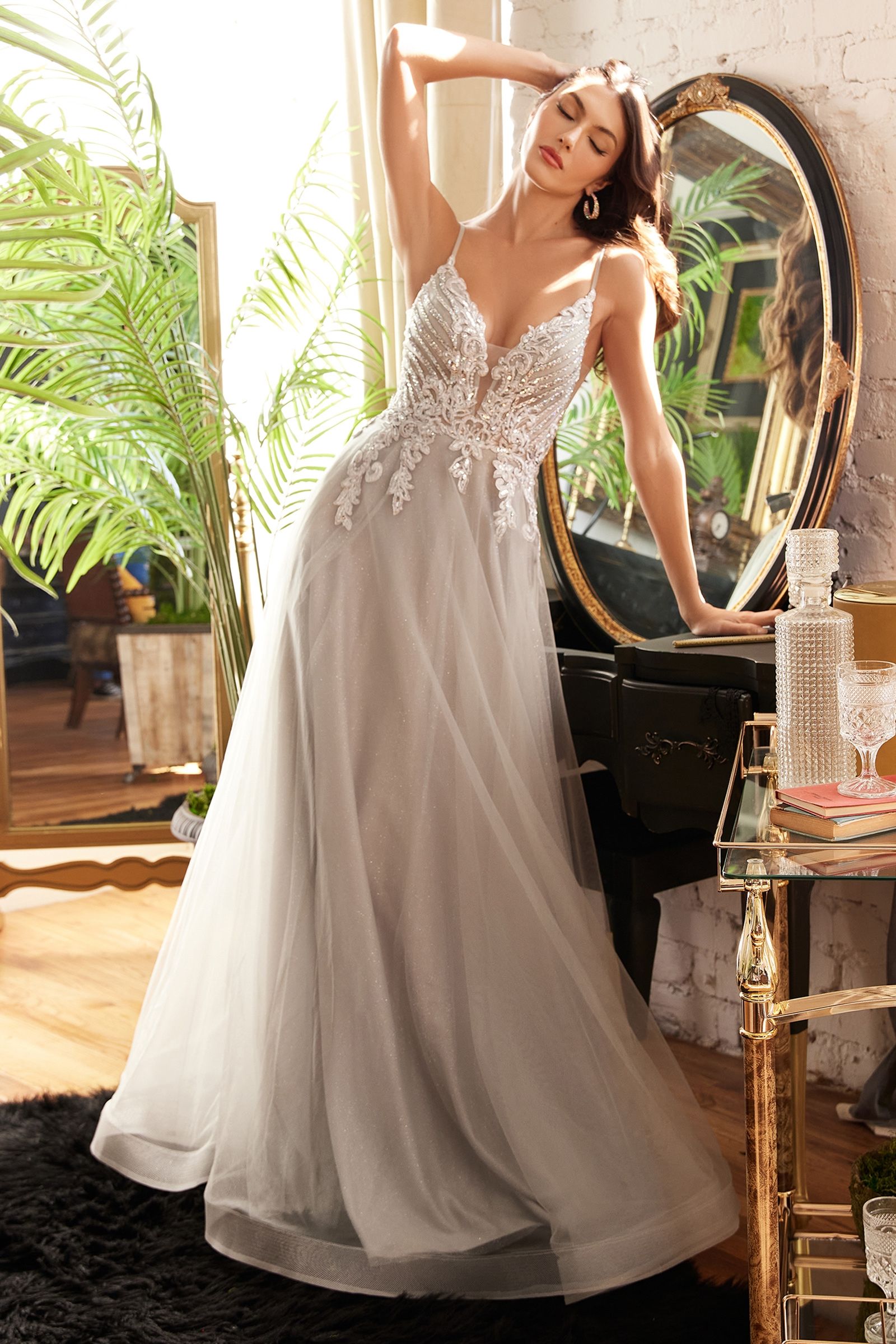 ADELA Tulle A Line formal dress with beaded lace bodice and open V back, perfect for a romantic look. Brisbane to Gold Coast